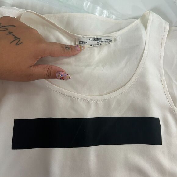 Allsaints Off-White 100% Silk Long Line Tank Top Black Rectangle Block Front 8 - Picture 3 of 8